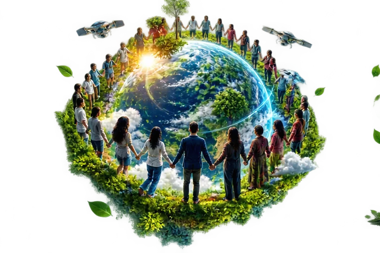 Illustration: people from many countries standing hand in hand around a green Earth.
