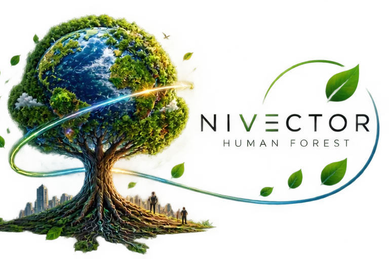 Illustration: a great tree whose roots reach a city and whose crown is the Earth.